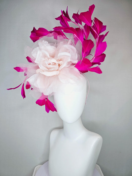 kentucky derby hat fascinator with light blush pink organza flower and pink fuchsia feathers, thin headband