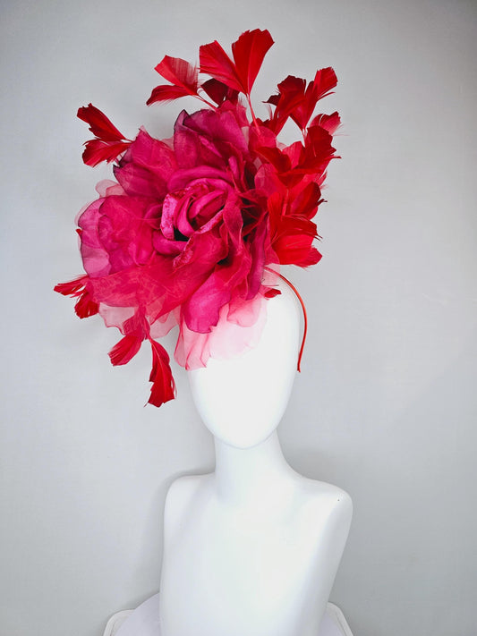 kentucky derby hat fascinator with bright pink satin and organza rose flower with red feathers, thin headband