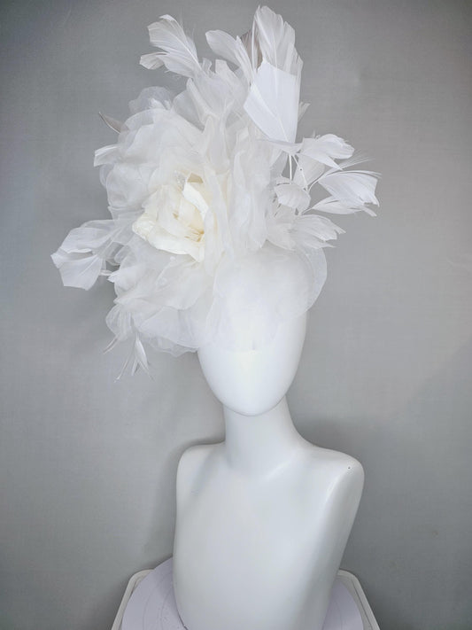 kentucky derby hat fascinator with white organza rose flower and white feathers, thin headband