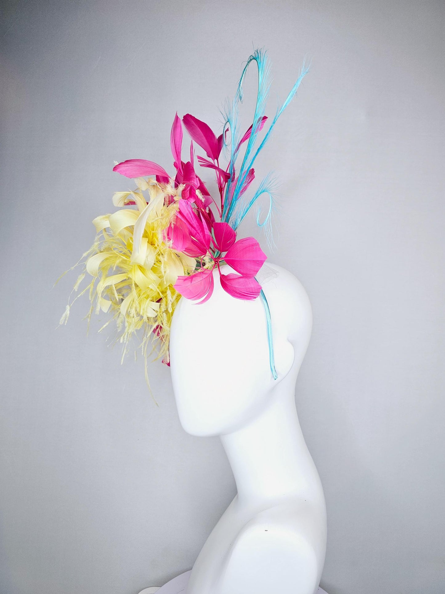 kentucky derby hat fascinator yellow fluffy feather flower with pink feathers, blue feathers, thin headband