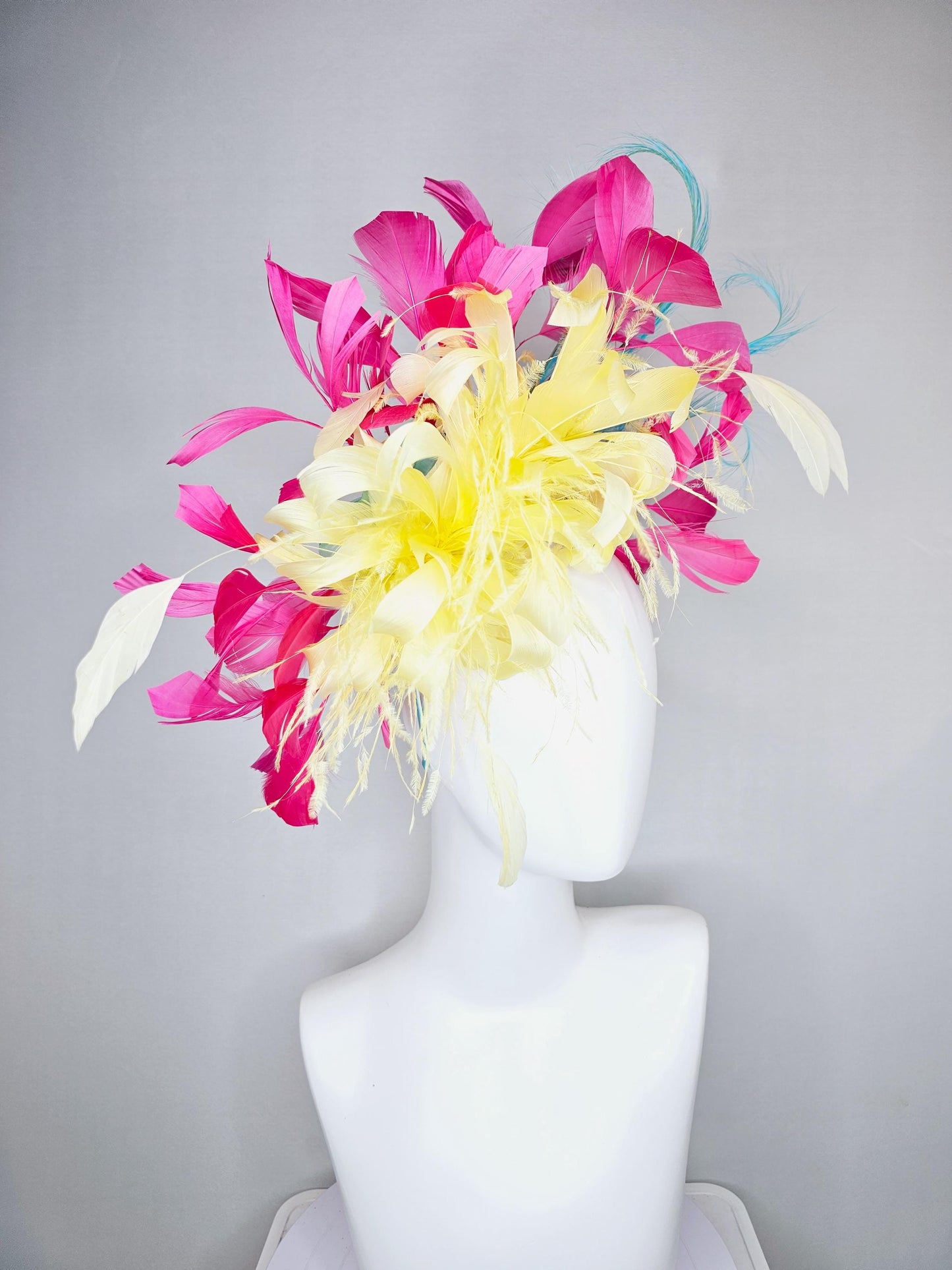 kentucky derby hat fascinator yellow fluffy feather flower with pink feathers, blue feathers, thin headband