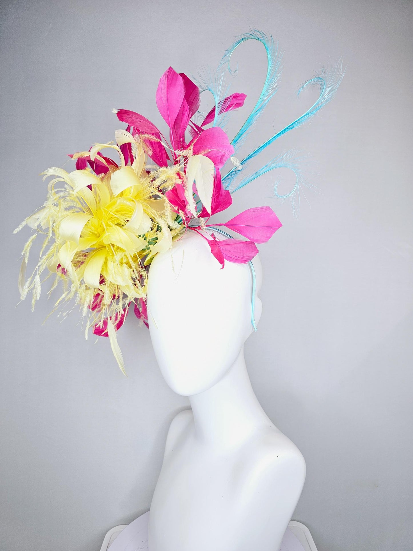 kentucky derby hat fascinator yellow fluffy feather flower with pink feathers, blue feathers, thin headband