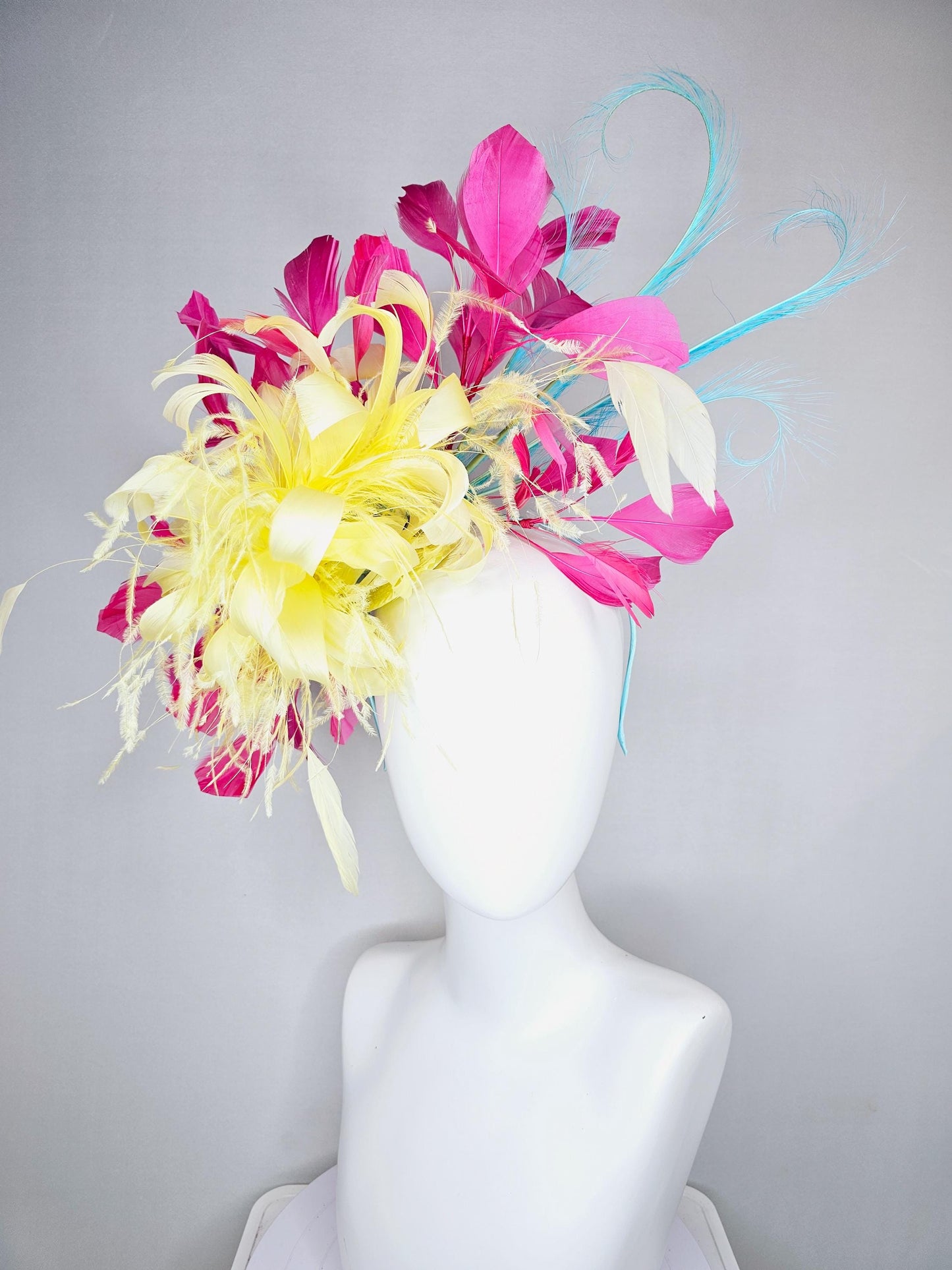 kentucky derby hat fascinator yellow fluffy feather flower with pink feathers, blue feathers, thin headband