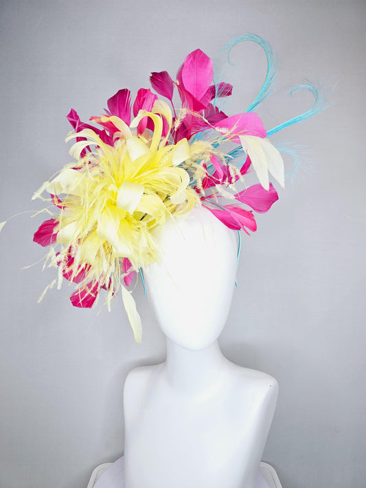 kentucky derby hat fascinator yellow fluffy feather flower with pink feathers, blue feathers, thin headband