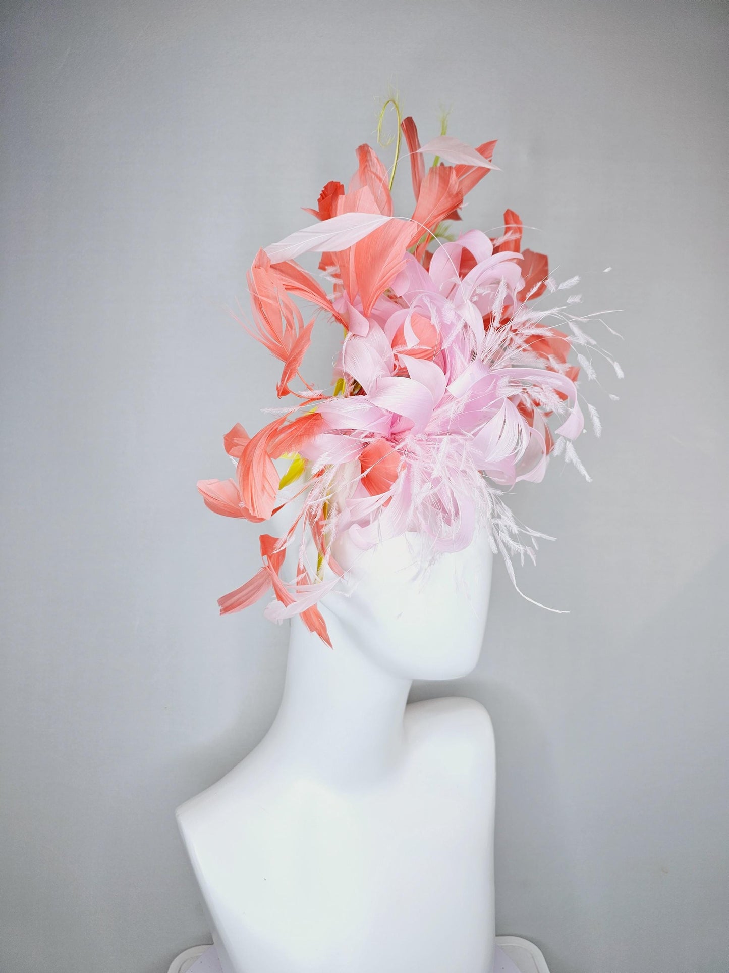 kentucky derby hat fascinator light pink fluffy feather flowers with coral orange feathers, yellow feathers, thin headband