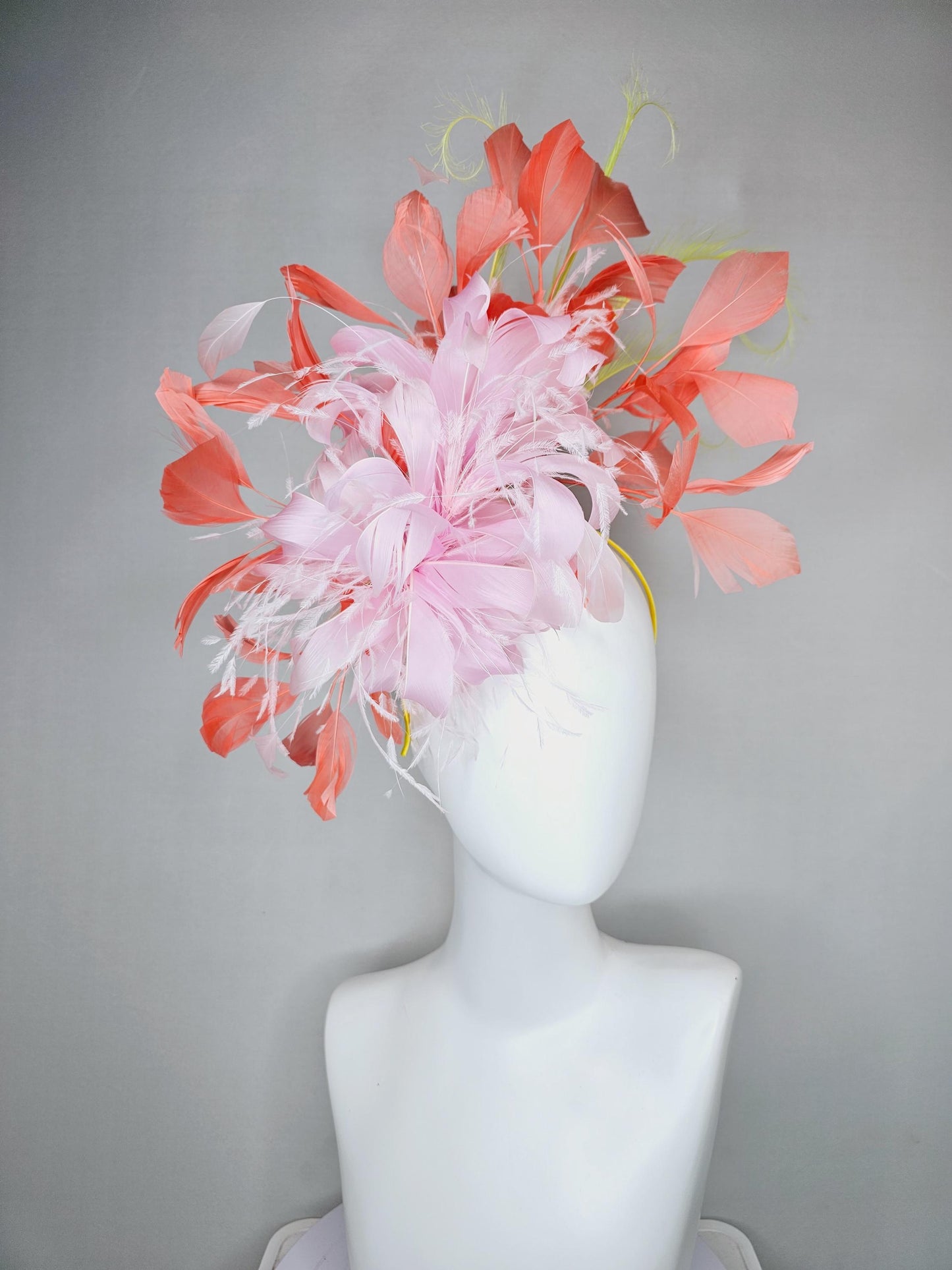 kentucky derby hat fascinator light pink fluffy feather flowers with coral orange feathers, yellow feathers, thin headband