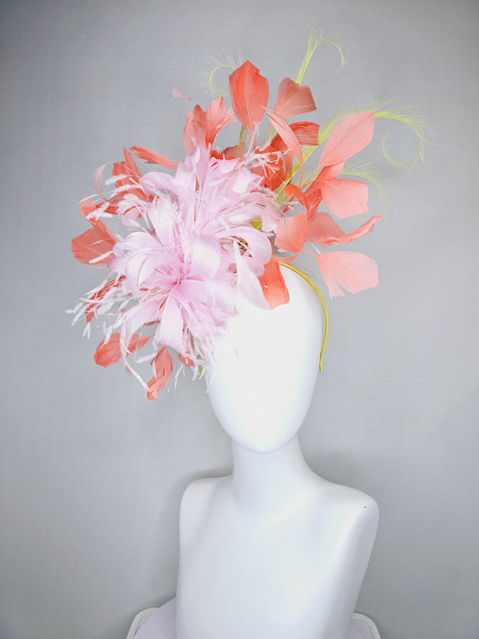 kentucky derby hat fascinator light pink fluffy feather flowers with coral orange feathers, yellow feathers, thin headband