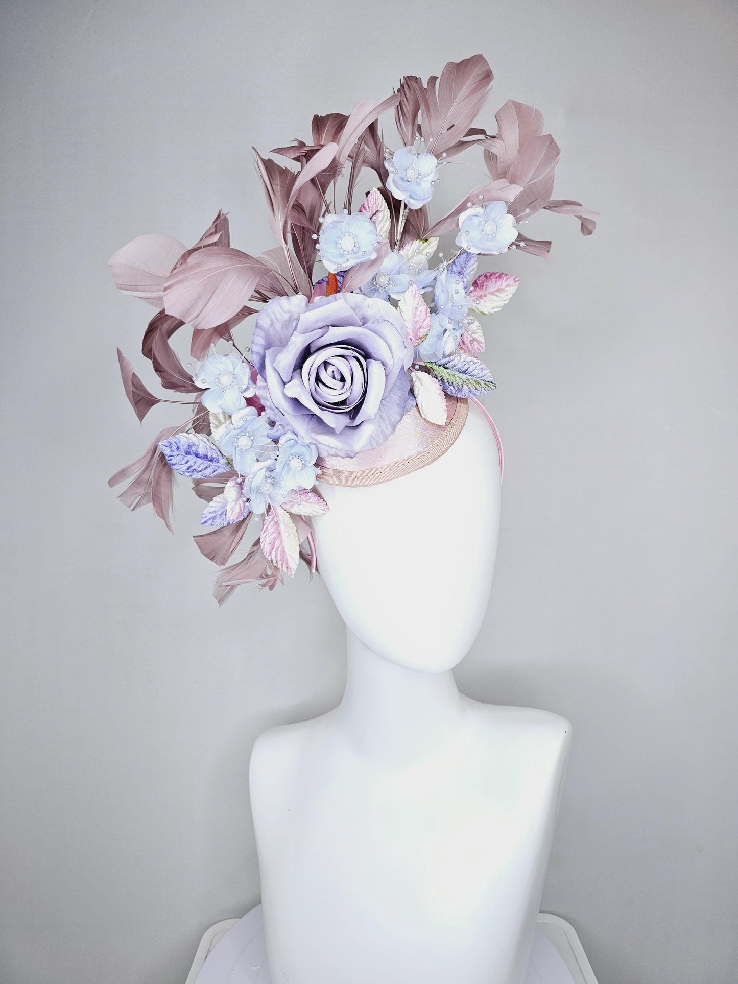 kentucky derby hat fascinator light pink satin,light purple lavender satin rose flowers,ombre pink ombre purple leaves,taupe feathers