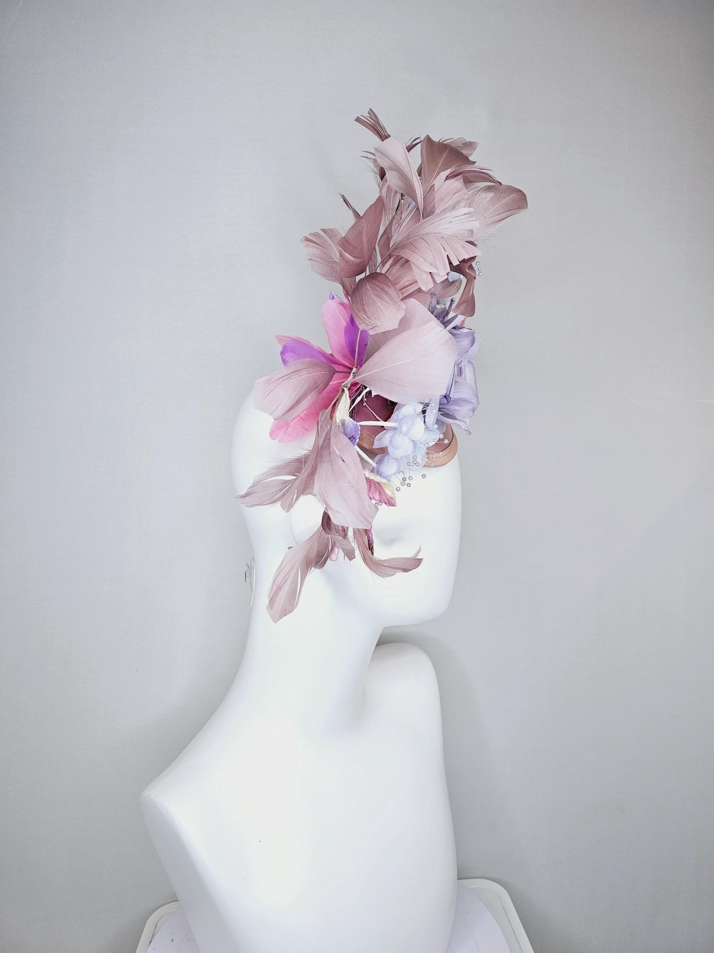 kentucky derby hat fascinator light pink satin,light purple lavender satin rose flowers,ombre pink ombre purple leaves,taupe feathers