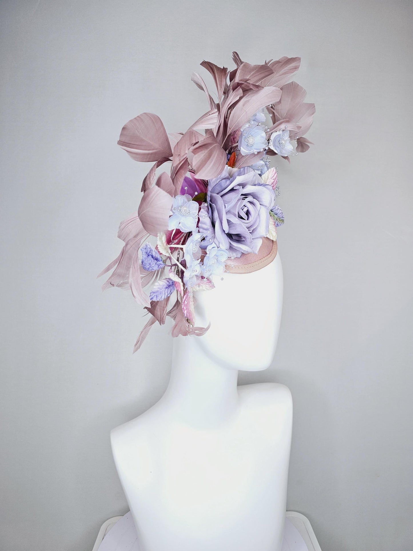 kentucky derby hat fascinator light pink satin,light purple lavender satin rose flowers,ombre pink ombre purple leaves,taupe feathers