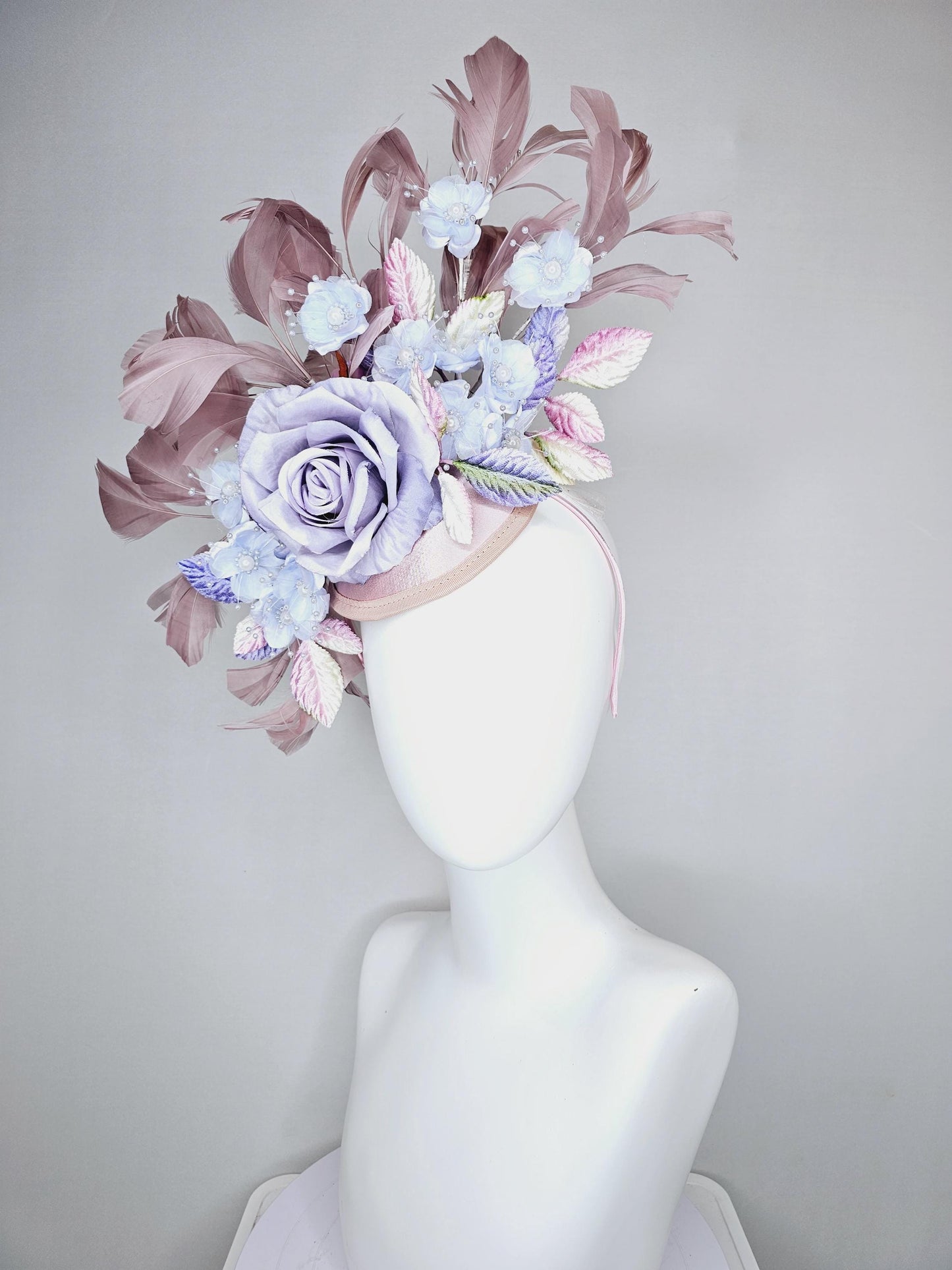 kentucky derby hat fascinator light pink satin,light purple lavender satin rose flowers,ombre pink ombre purple leaves,taupe feathers