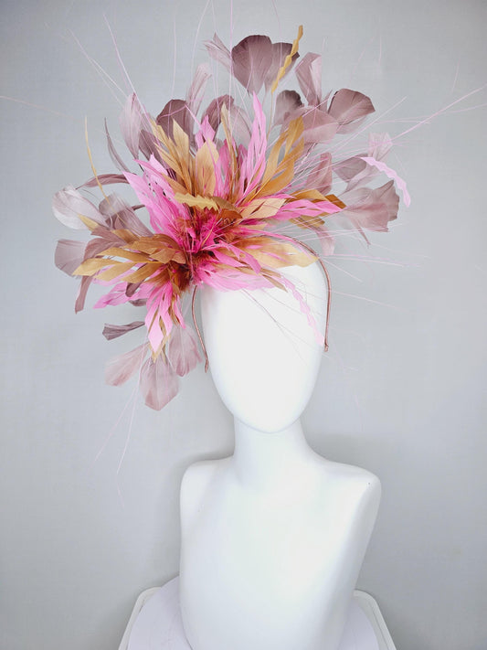 kentucky derby hat fascinator pink gold brown fluffy feather flowers and taupe feathers, thin headband