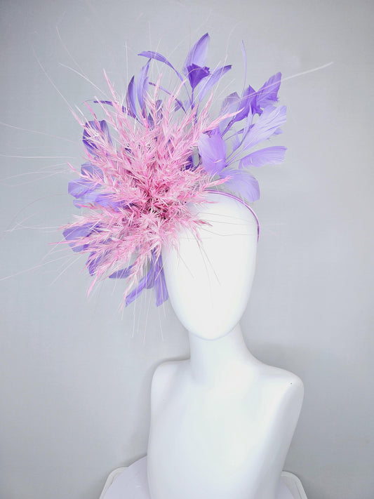 kentucky derby hat fascinator light blush pink spiked branching feathers and light purple lavender feathers, thin headband