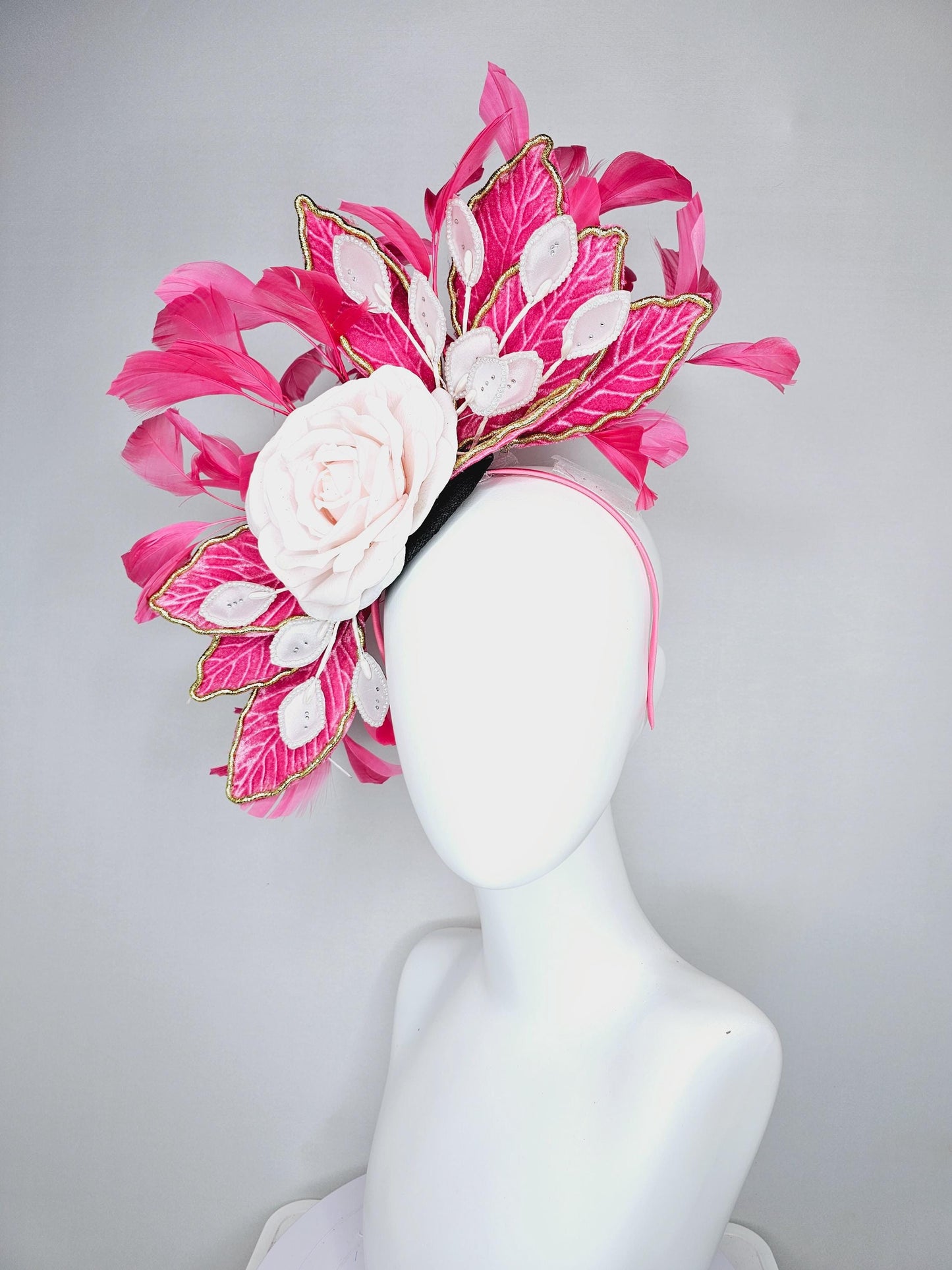 kentucky derby hat fascinator black sinamay with light pink silk rose flower,light pink pearl leaves,pink leaves gold edges,pink feathers