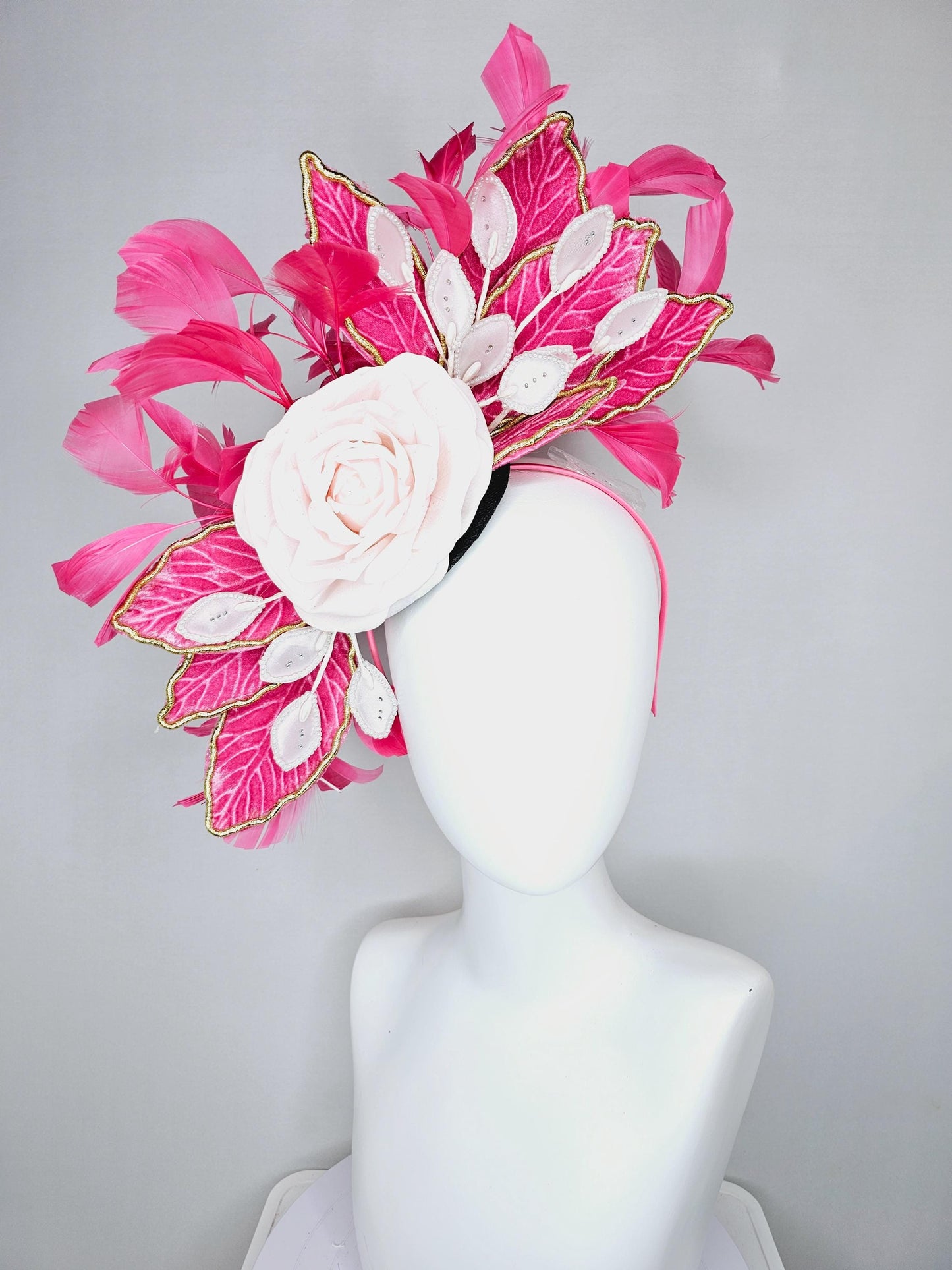 kentucky derby hat fascinator black sinamay with light pink silk rose flower,light pink pearl leaves,pink leaves gold edges,pink feathers