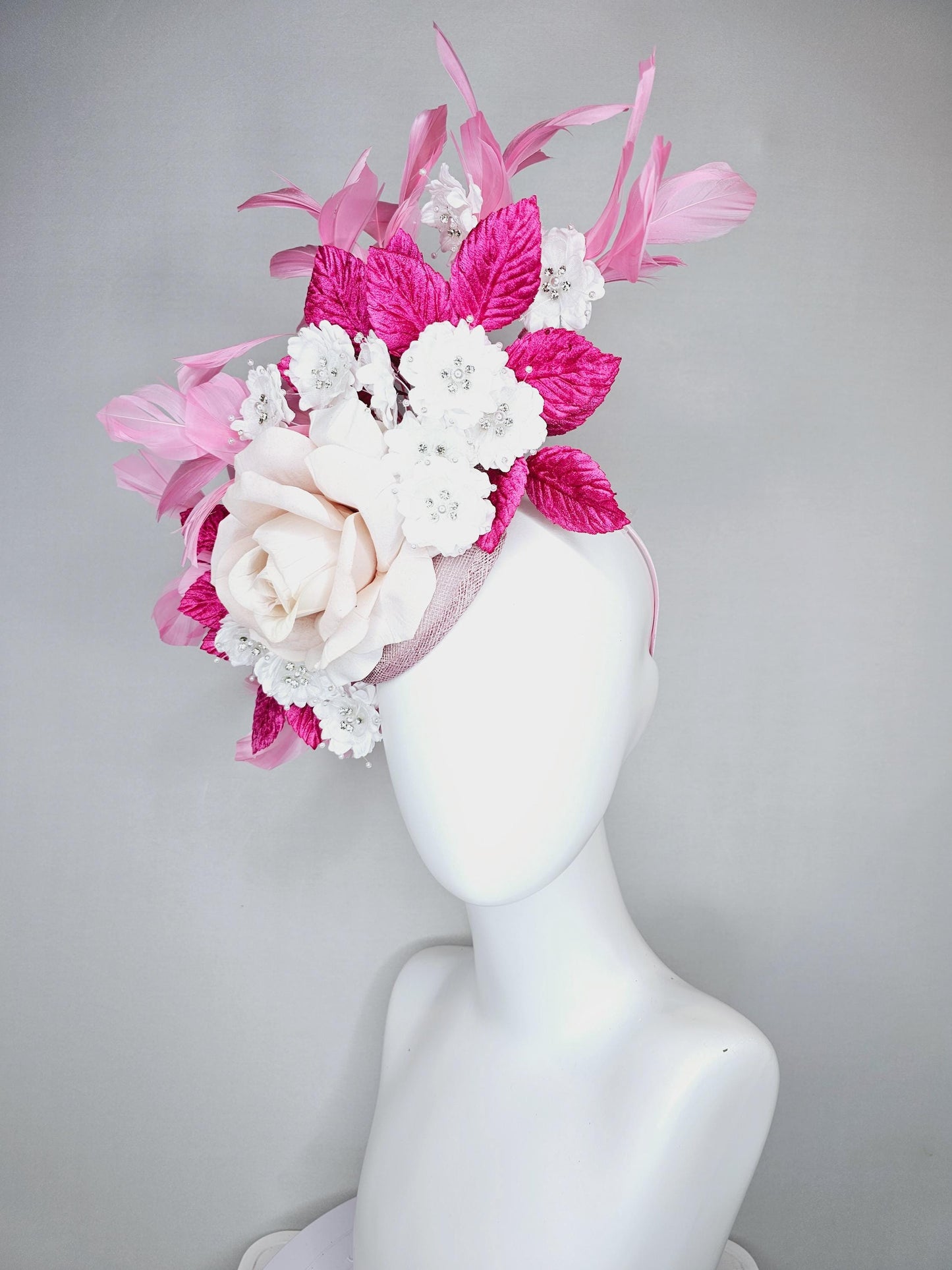 kentucky derby hat fascinator light pink sinamay with light pink silk rose flower,small white satin flowers,pink leaves,baby pink feathers