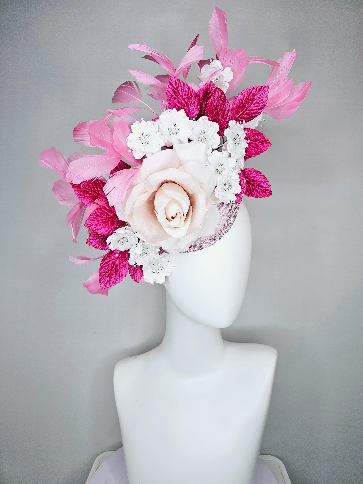 kentucky derby hat fascinator light pink sinamay with light pink silk rose flower,small white satin flowers,pink leaves,baby pink feathers