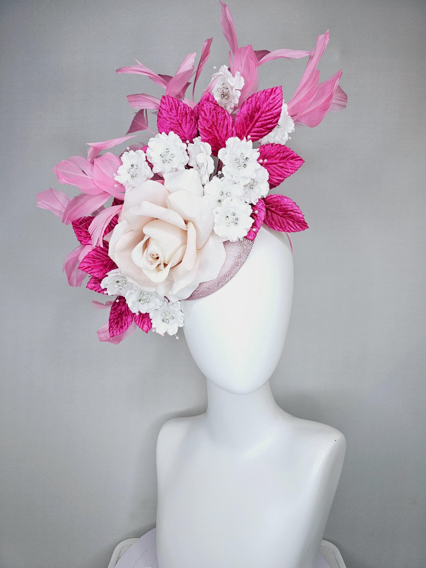 kentucky derby hat fascinator light pink sinamay with light pink silk rose flower,small white satin flowers,pink leaves,baby pink feathers