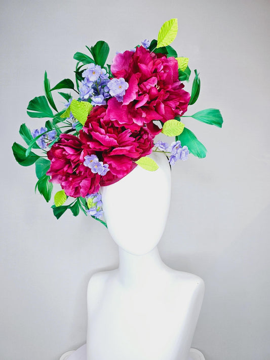 kentucky derby hat fascinator pink sinamay with pink fuchsia satin silk flowers, small light purple flowers,lime green leaves,green feathers