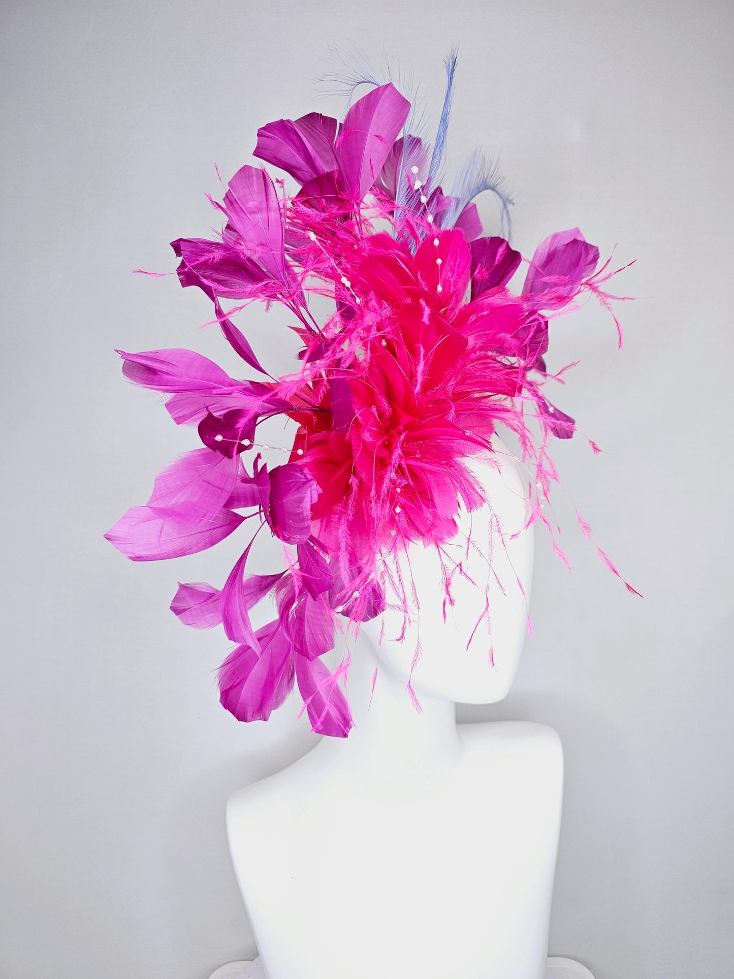 kentucky derby hat fascinator pink fuchsia fluffy feather flowers with pearl decor, pink magenta feathers, light purple lavender feathers