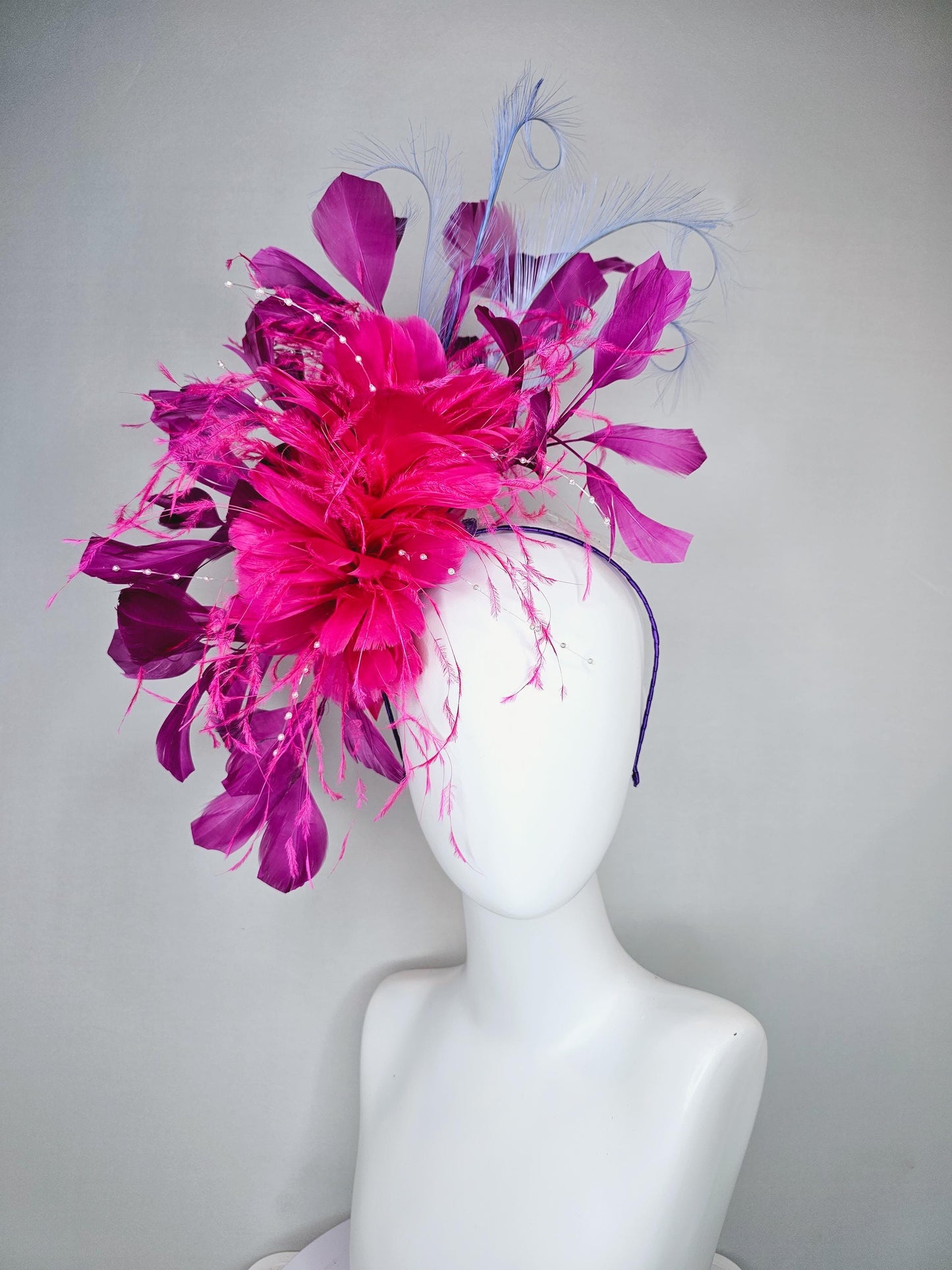 kentucky derby hat fascinator pink fuchsia fluffy feather flowers with pearl decor, pink magenta feathers, light purple lavender feathers