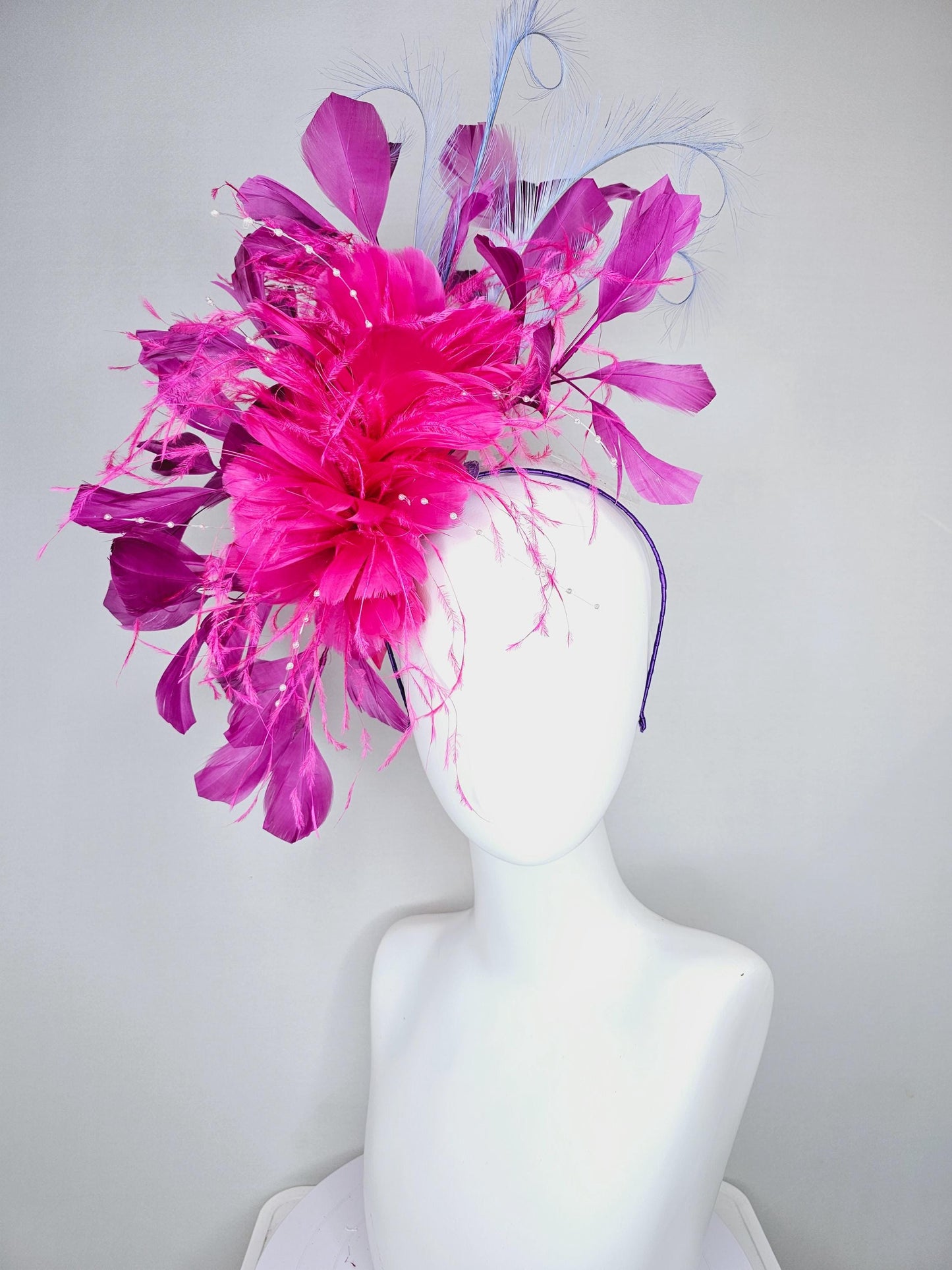 kentucky derby hat fascinator pink fuchsia fluffy feather flowers with pearl decor, pink magenta feathers, light purple lavender feathers