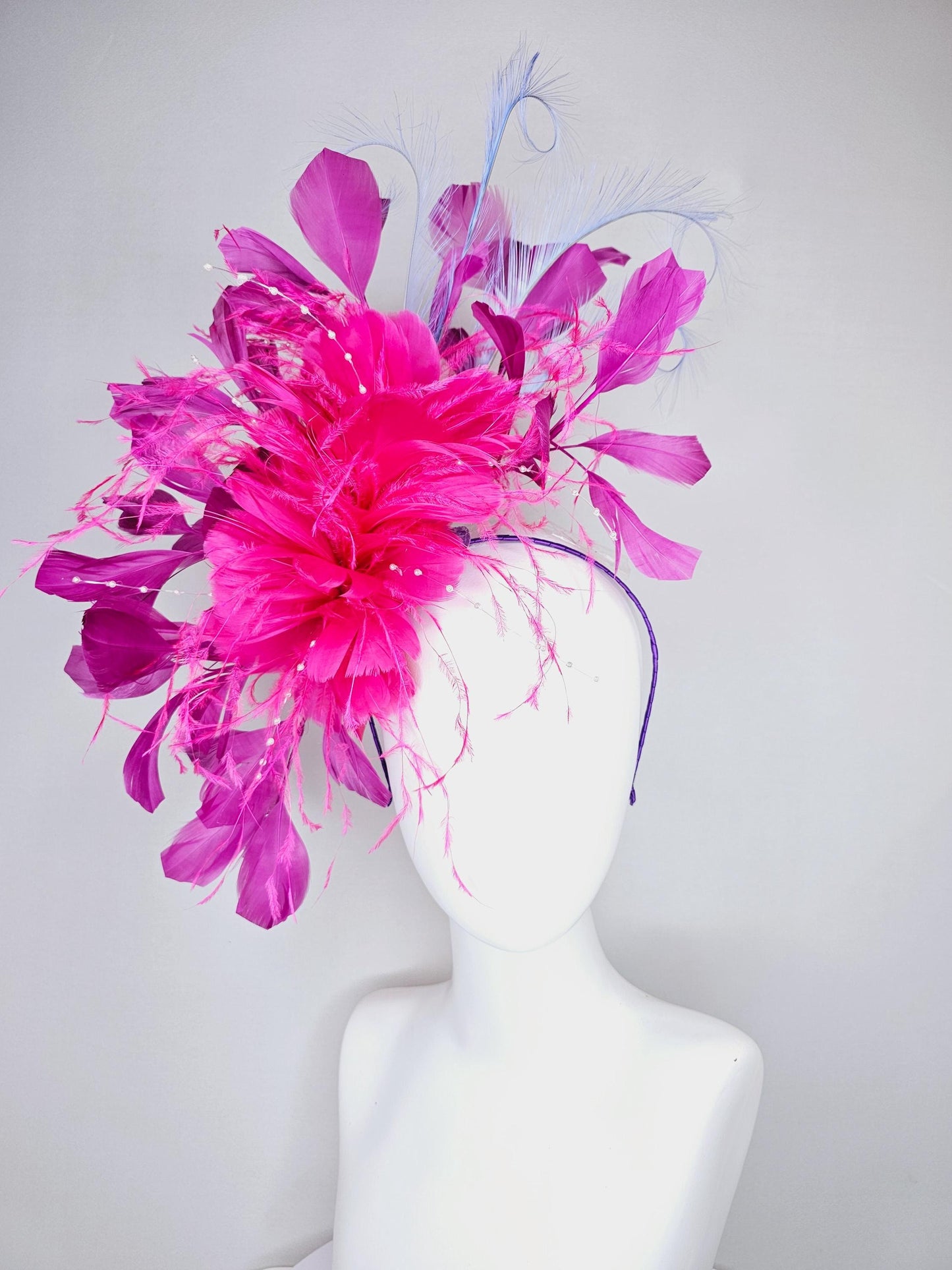 kentucky derby hat fascinator pink fuchsia fluffy feather flowers with pearl decor, pink magenta feathers, light purple lavender feathers