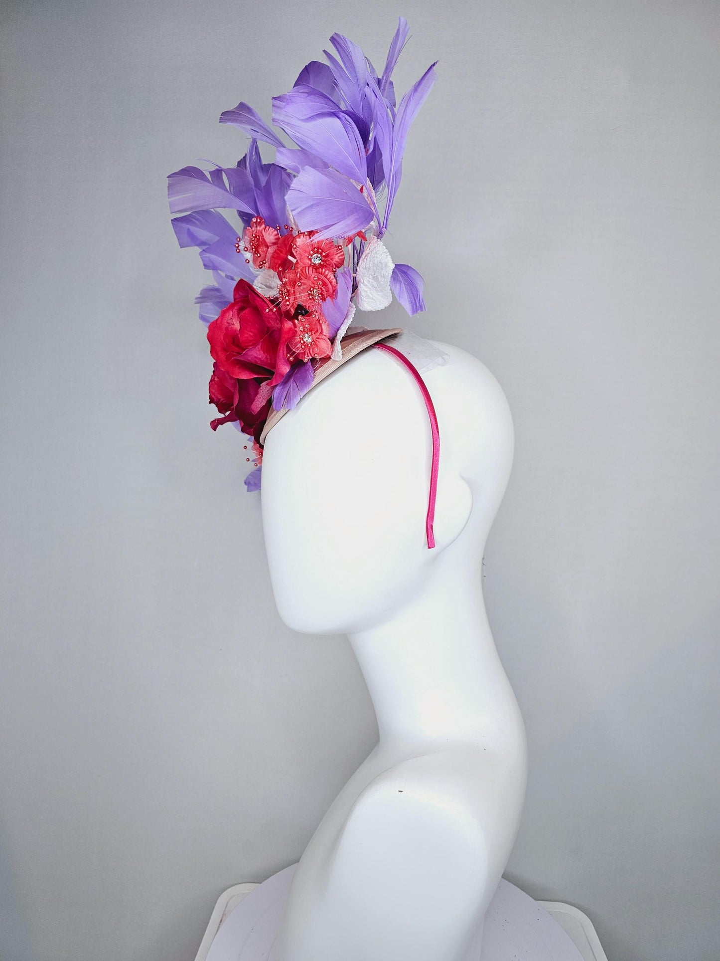 kentucky derby hat fascinator champagne satin,red satin rose flowers,small red coral flowers,white leaves,light purple lavender feathers