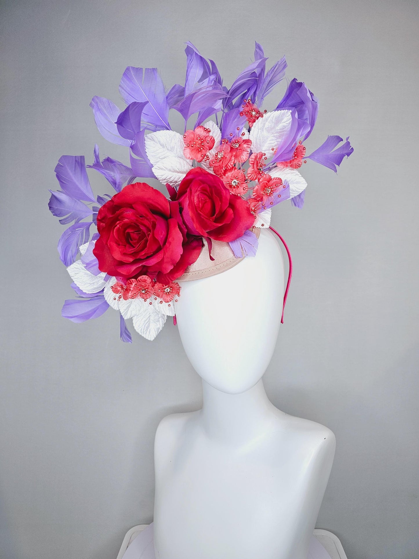 kentucky derby hat fascinator champagne satin,red satin rose flowers,small red coral flowers,white leaves,light purple lavender feathers