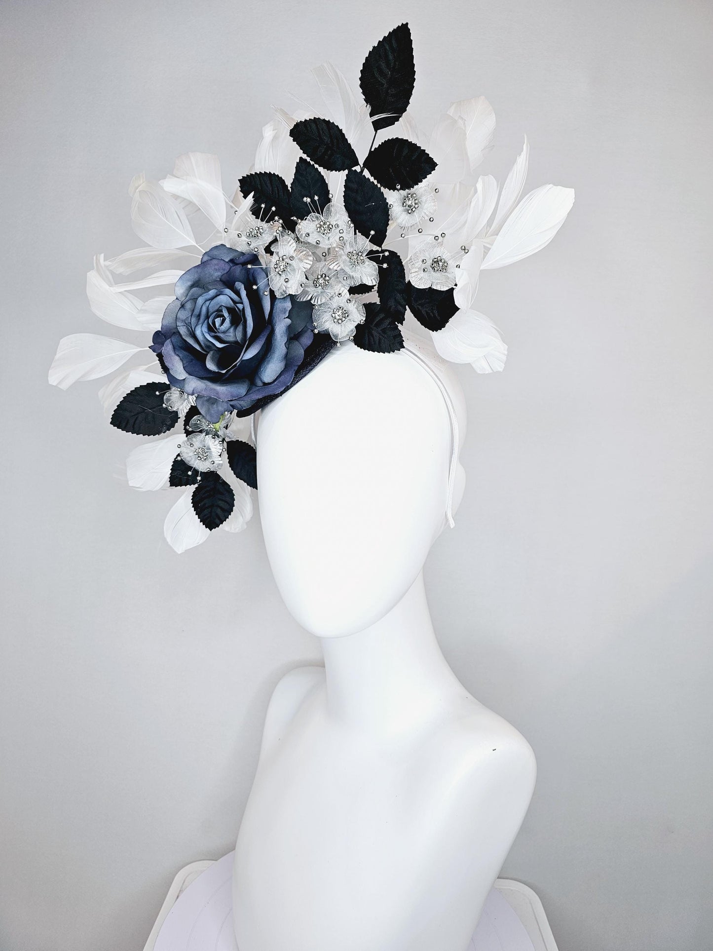 kentucky derby hat fascinator navy blue sinamay,ombre navy blue satin rose flower,small white silver flowers,navy blue leaves,white feathers