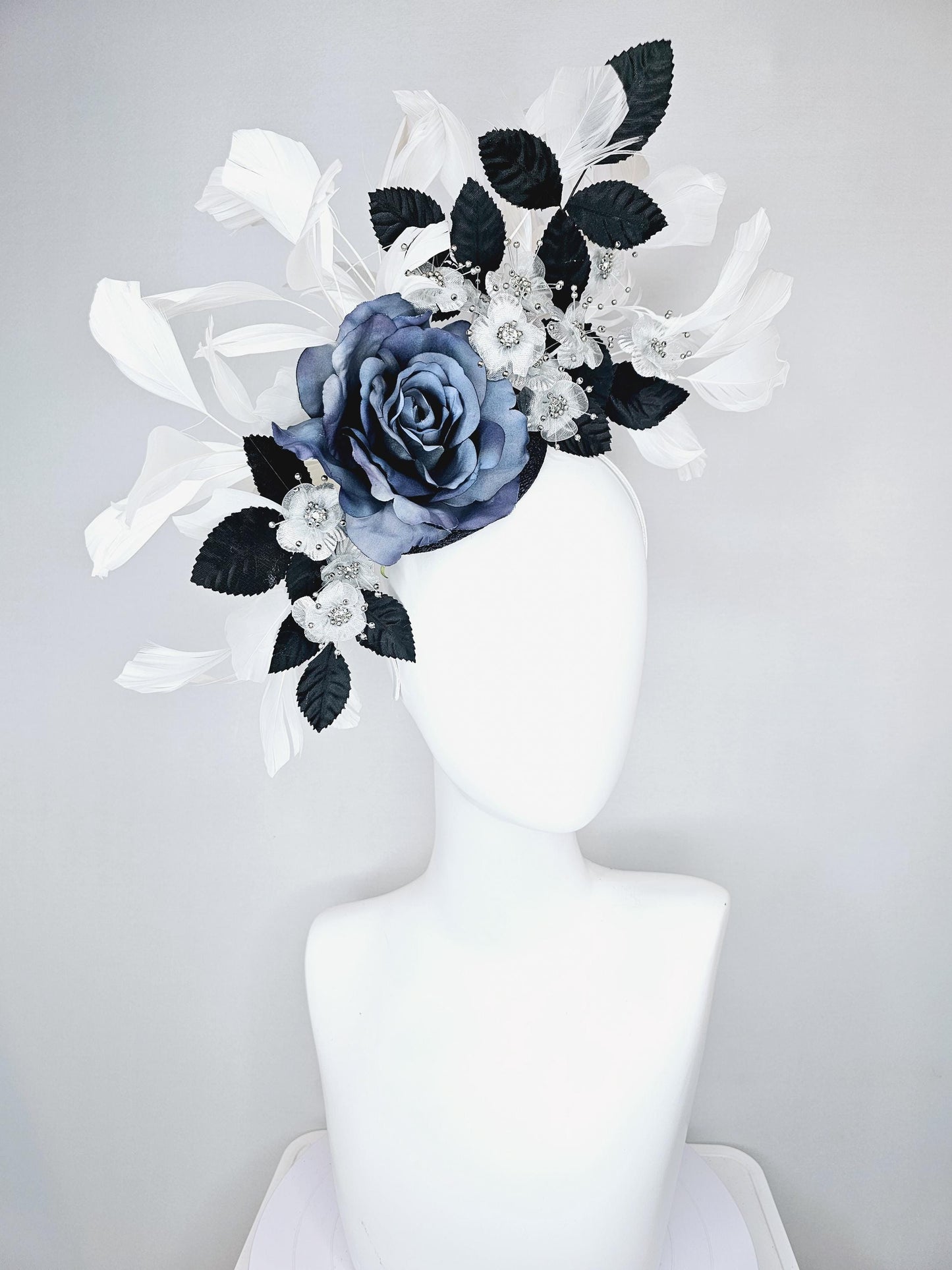 kentucky derby hat fascinator navy blue sinamay,ombre navy blue satin rose flower,small white silver flowers,navy blue leaves,white feathers