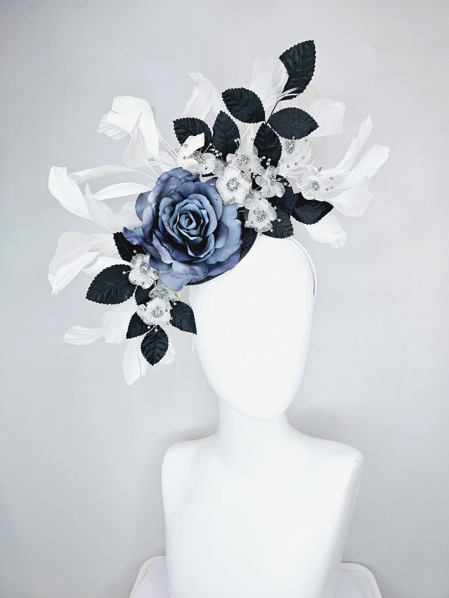 kentucky derby hat fascinator navy blue sinamay,ombre navy blue satin rose flower,small white silver flowers,navy blue leaves,white feathers