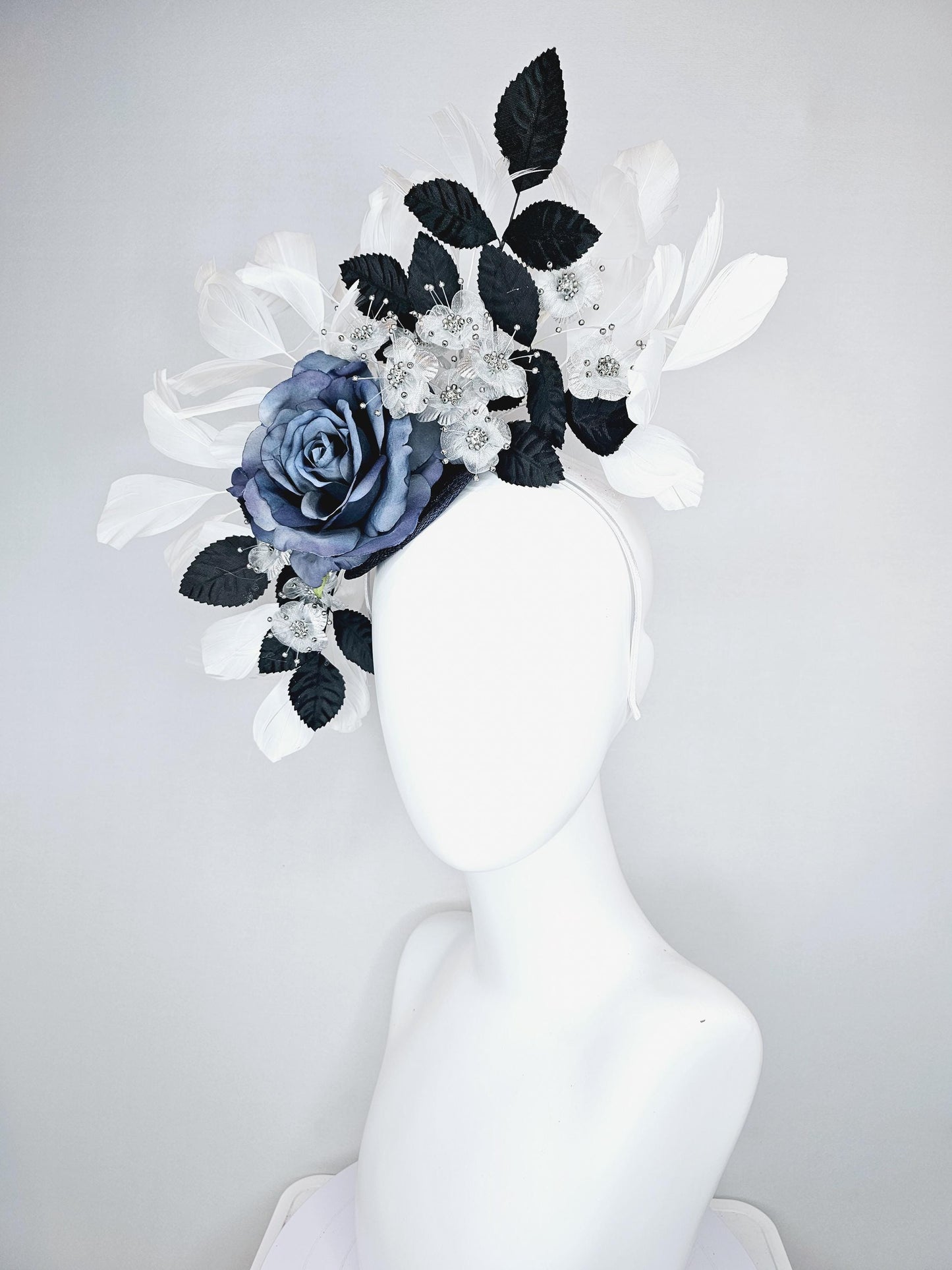 kentucky derby hat fascinator navy blue sinamay,ombre navy blue satin rose flower,small white silver flowers,navy blue leaves,white feathers