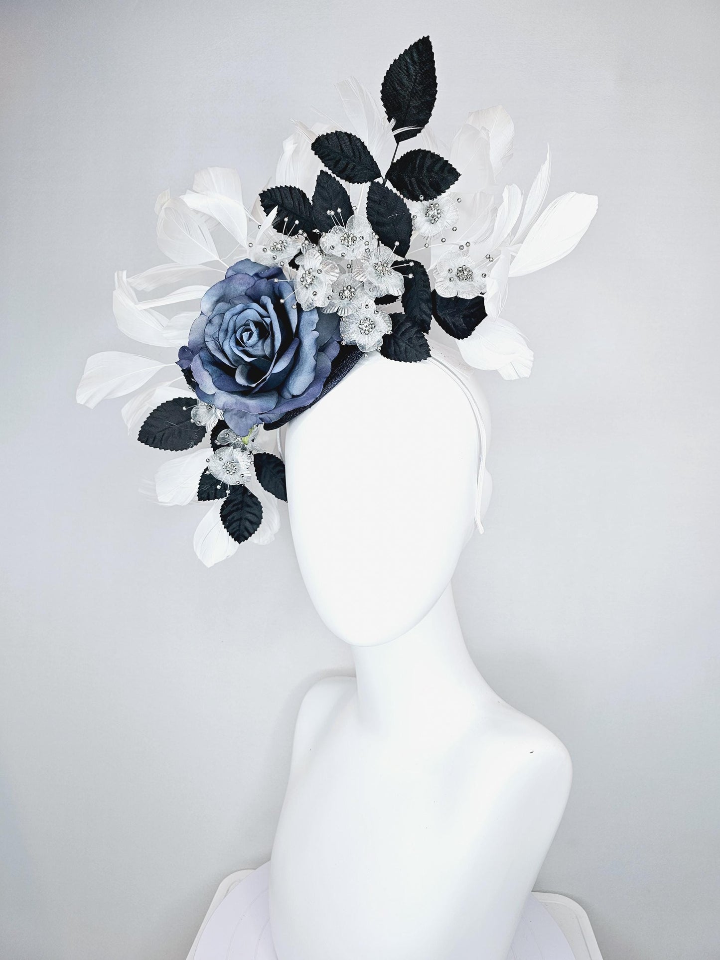 kentucky derby hat fascinator navy blue sinamay,ombre navy blue satin rose flower,small white silver flowers,navy blue leaves,white feathers