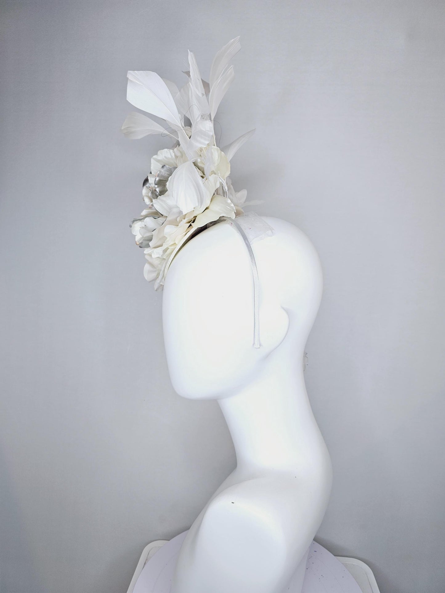 kentucky derby hat fascinator ivory cream sinamay, ivory cream silver satin silk flowers,white leaves, white feathers, thin headband