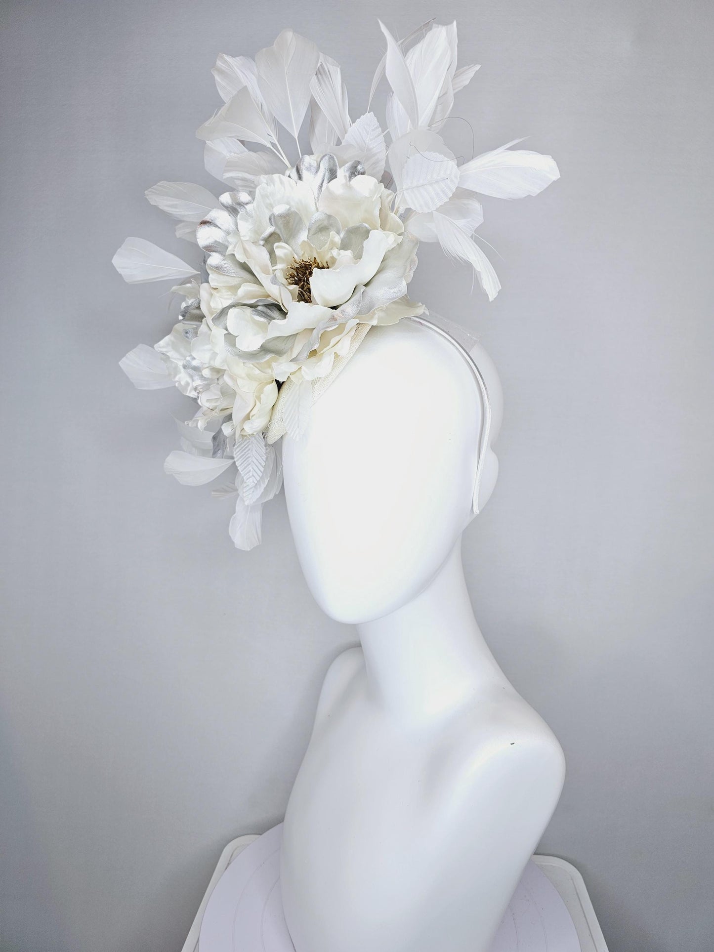 kentucky derby hat fascinator ivory cream sinamay, ivory cream silver satin silk flowers,white leaves, white feathers, thin headband