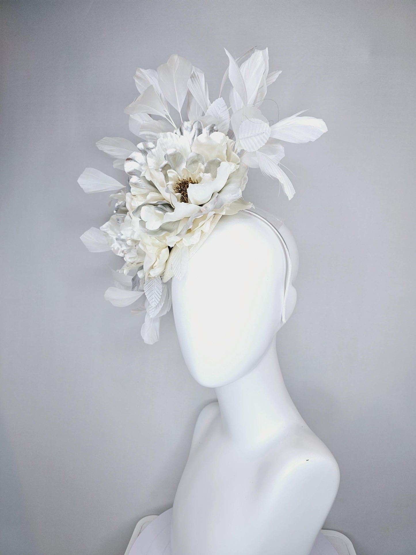 kentucky derby hat fascinator ivory cream sinamay, ivory cream silver satin silk flowers,white leaves, white feathers, thin headband