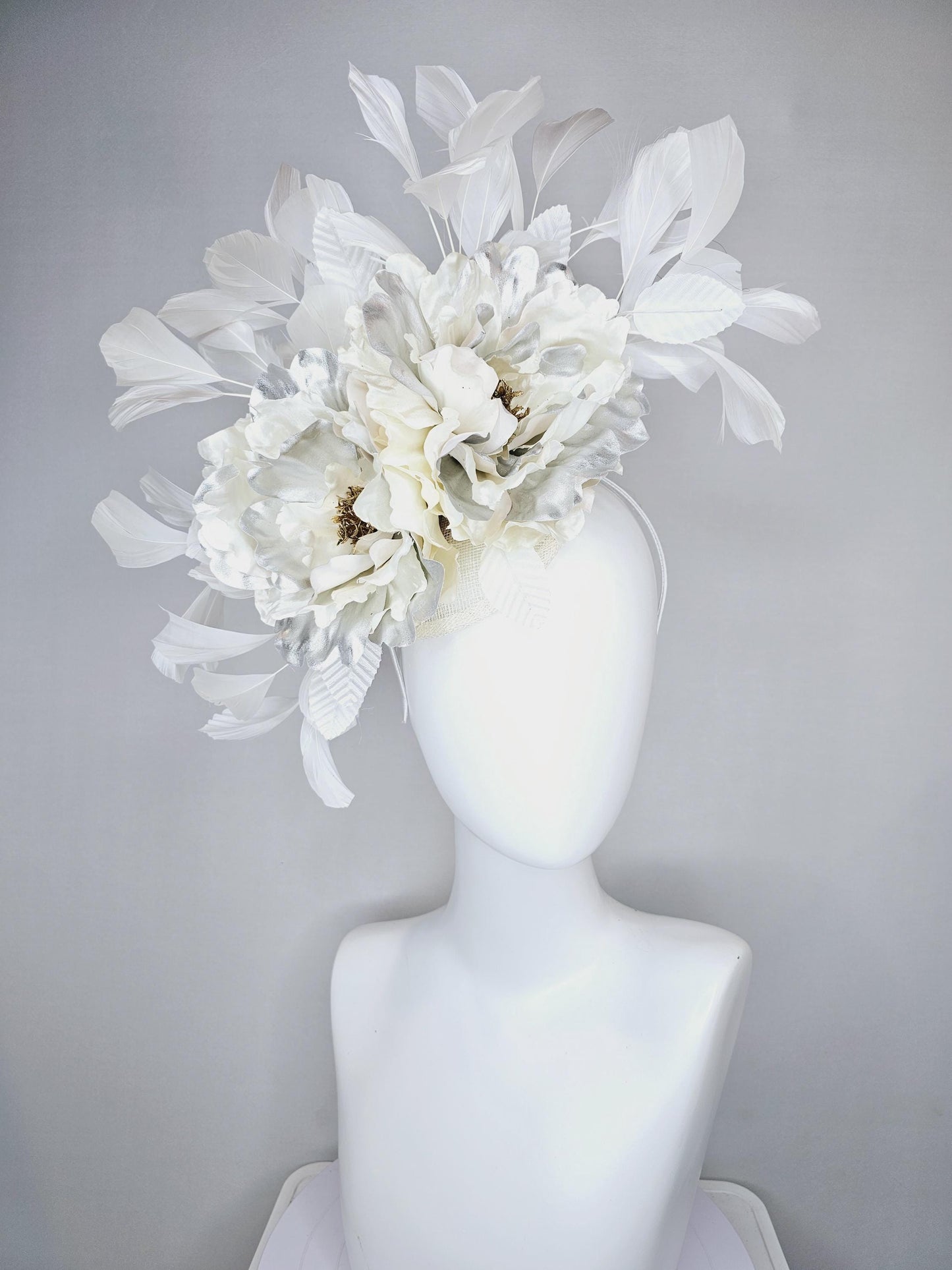 kentucky derby hat fascinator ivory cream sinamay, ivory cream silver satin silk flowers,white leaves, white feathers, thin headband