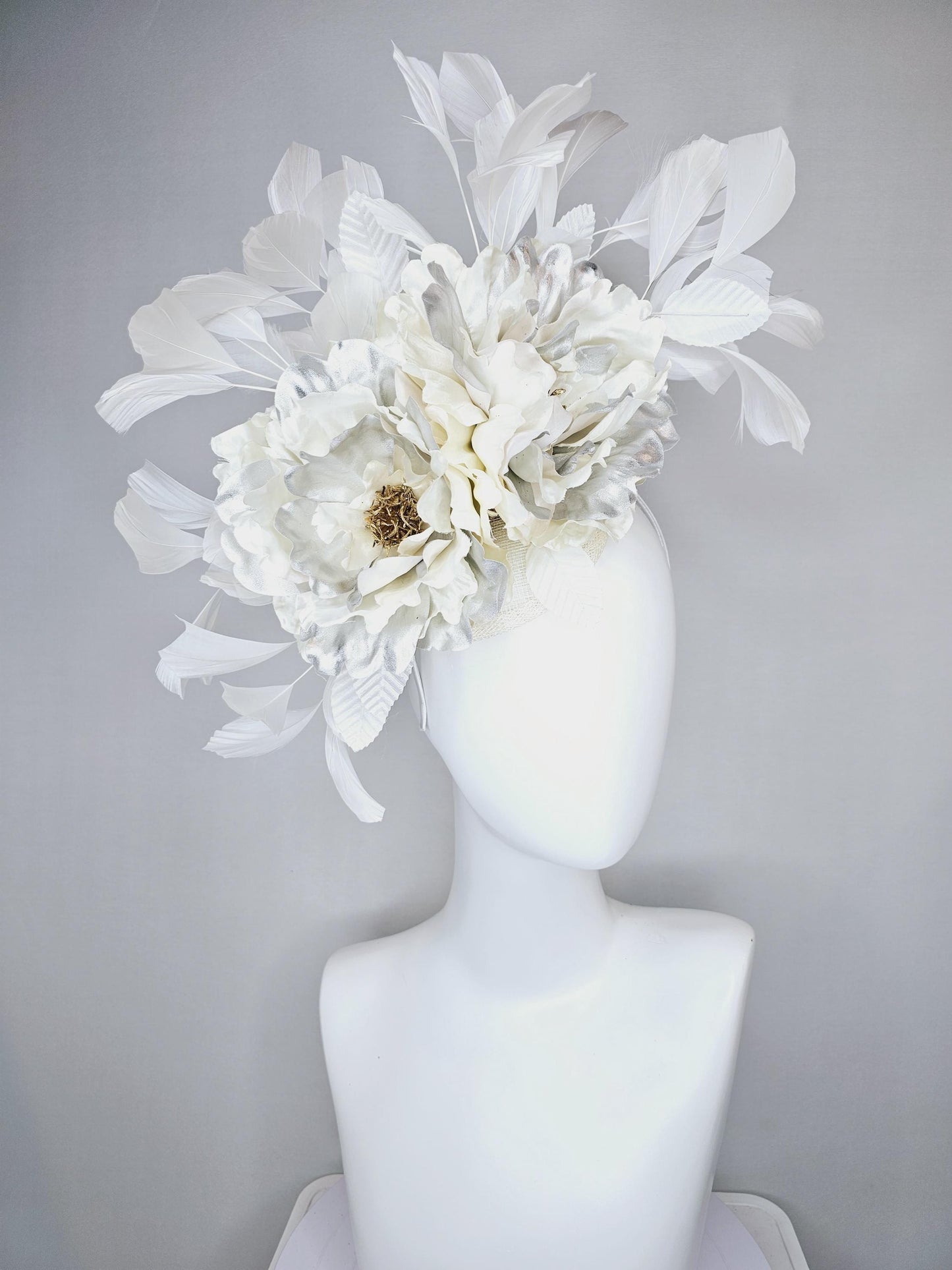 kentucky derby hat fascinator ivory cream sinamay, ivory cream silver satin silk flowers,white leaves, white feathers, thin headband