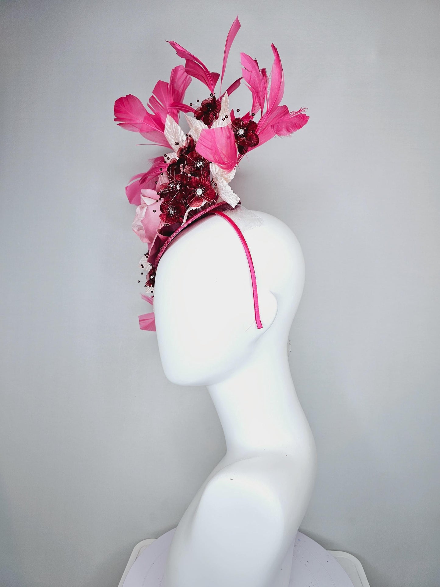 kentucky derby hat fascinator pink sinamay,ombre pink satin rose flower,small red wine flowers with crystal core,white leaves,pink feathers