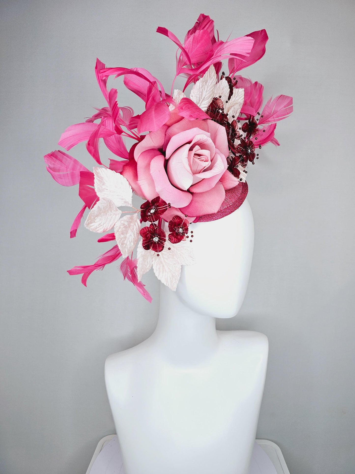 kentucky derby hat fascinator pink sinamay,ombre pink satin rose flower,small red wine flowers with crystal core,white leaves,pink feathers