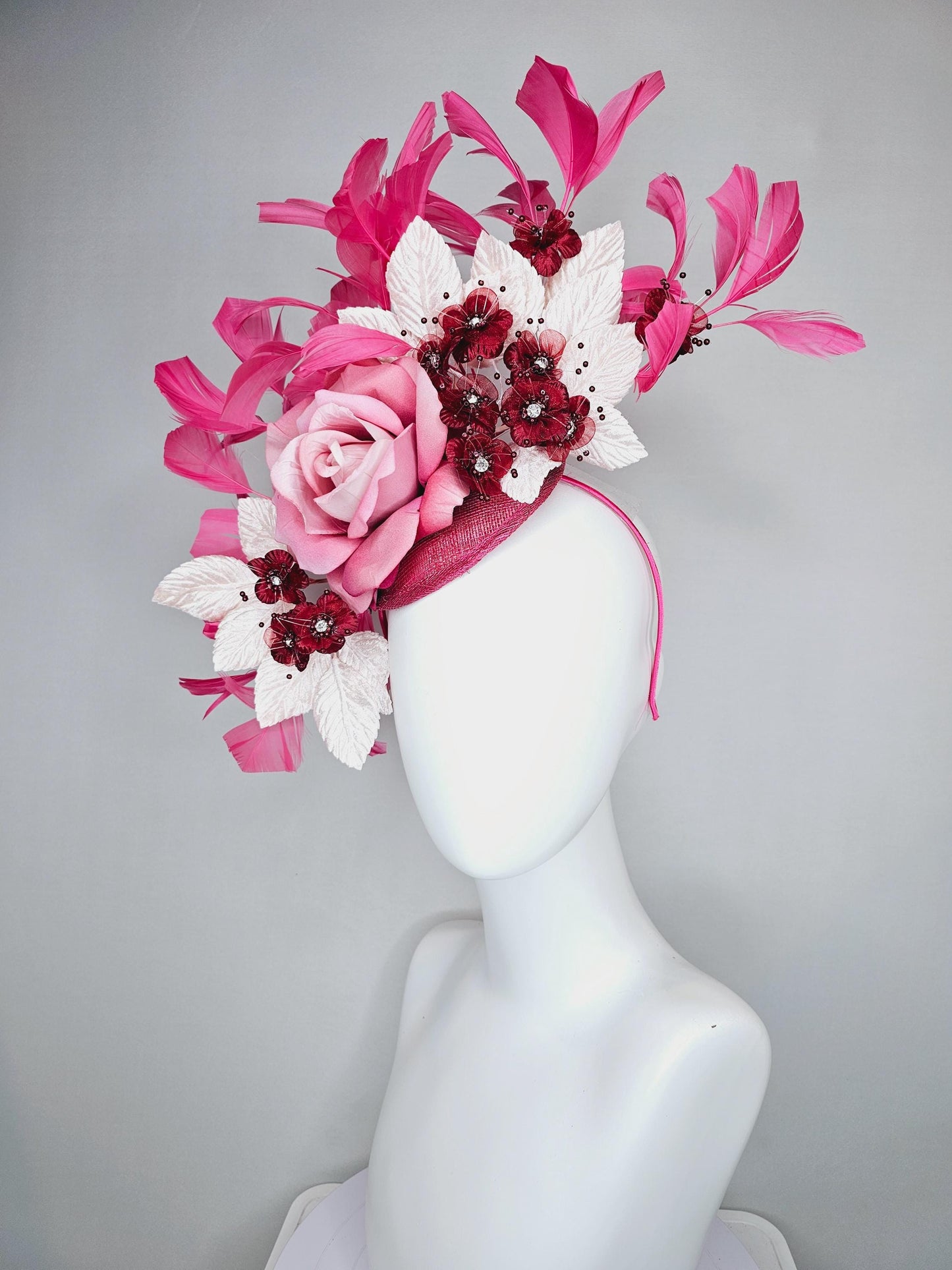 kentucky derby hat fascinator pink sinamay,ombre pink satin rose flower,small red wine flowers with crystal core,white leaves,pink feathers