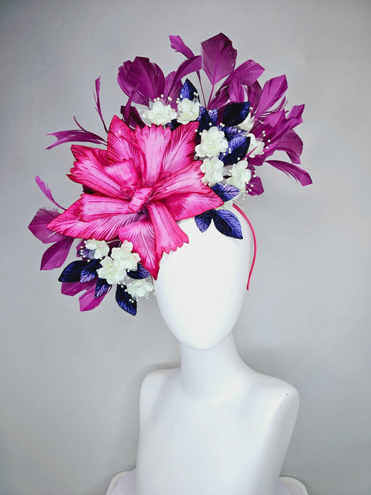 kentucky derby hat fascinator pink fuchsia satin flower,small white ivory flowers pearl core,sapphire blue leaves,purple magenta feathers