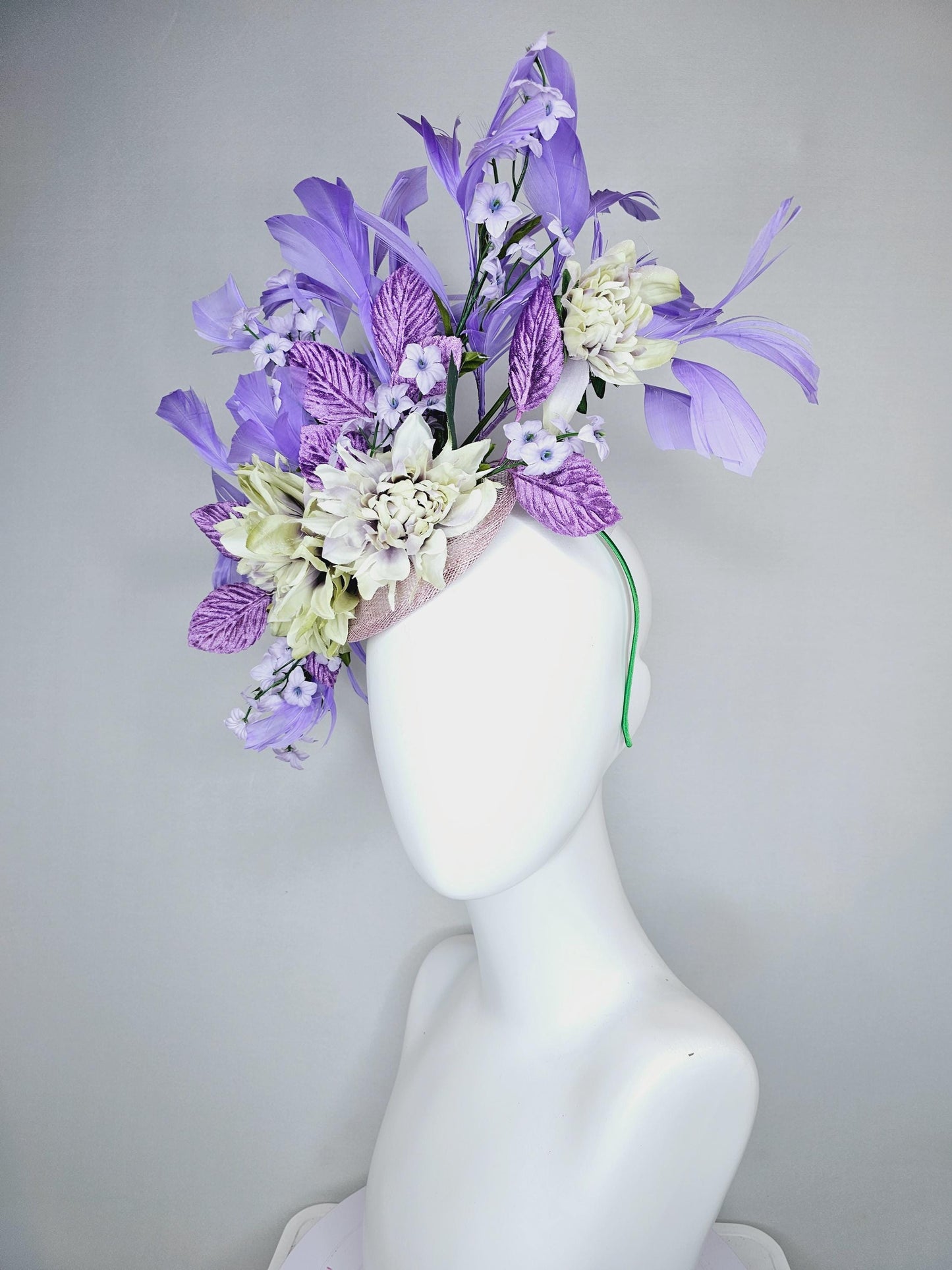 kentucky derby hat fascinator lavender sinamay,lavender neutral cream satin flowers,purple lavender green leaves,purple lavender feathers