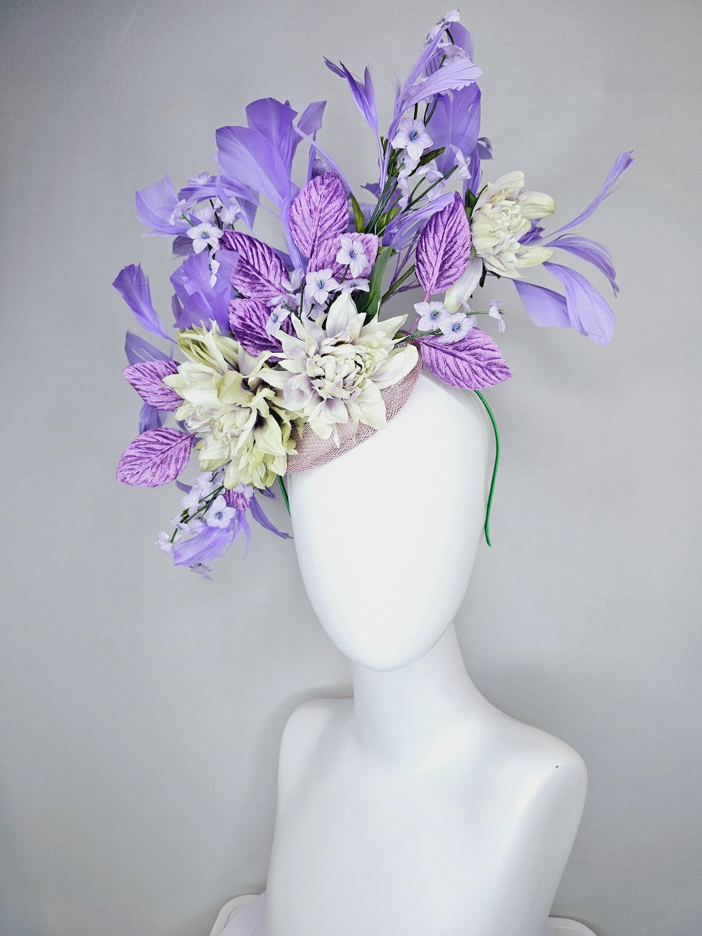 kentucky derby hat fascinator lavender sinamay,lavender neutral cream satin flowers,purple lavender green leaves,purple lavender feathers