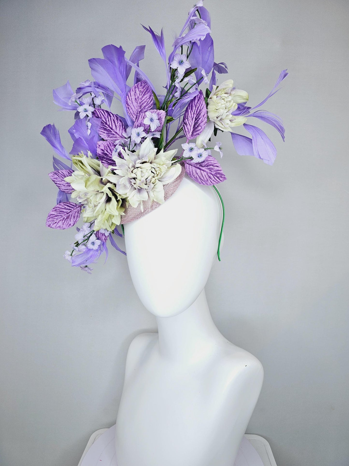 kentucky derby hat fascinator lavender sinamay,lavender neutral cream satin flowers,purple lavender green leaves,purple lavender feathers