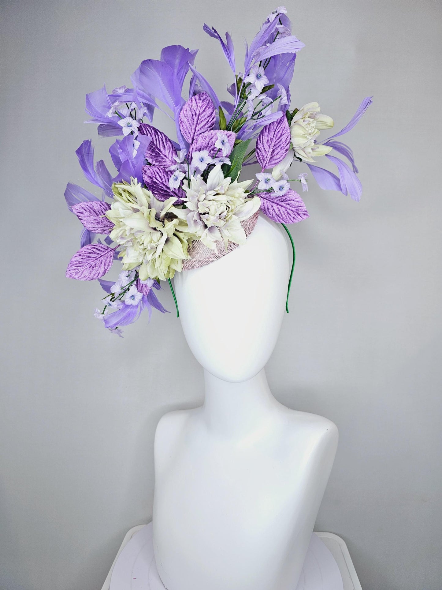 kentucky derby hat fascinator lavender sinamay,lavender neutral cream satin flowers,purple lavender green leaves,purple lavender feathers