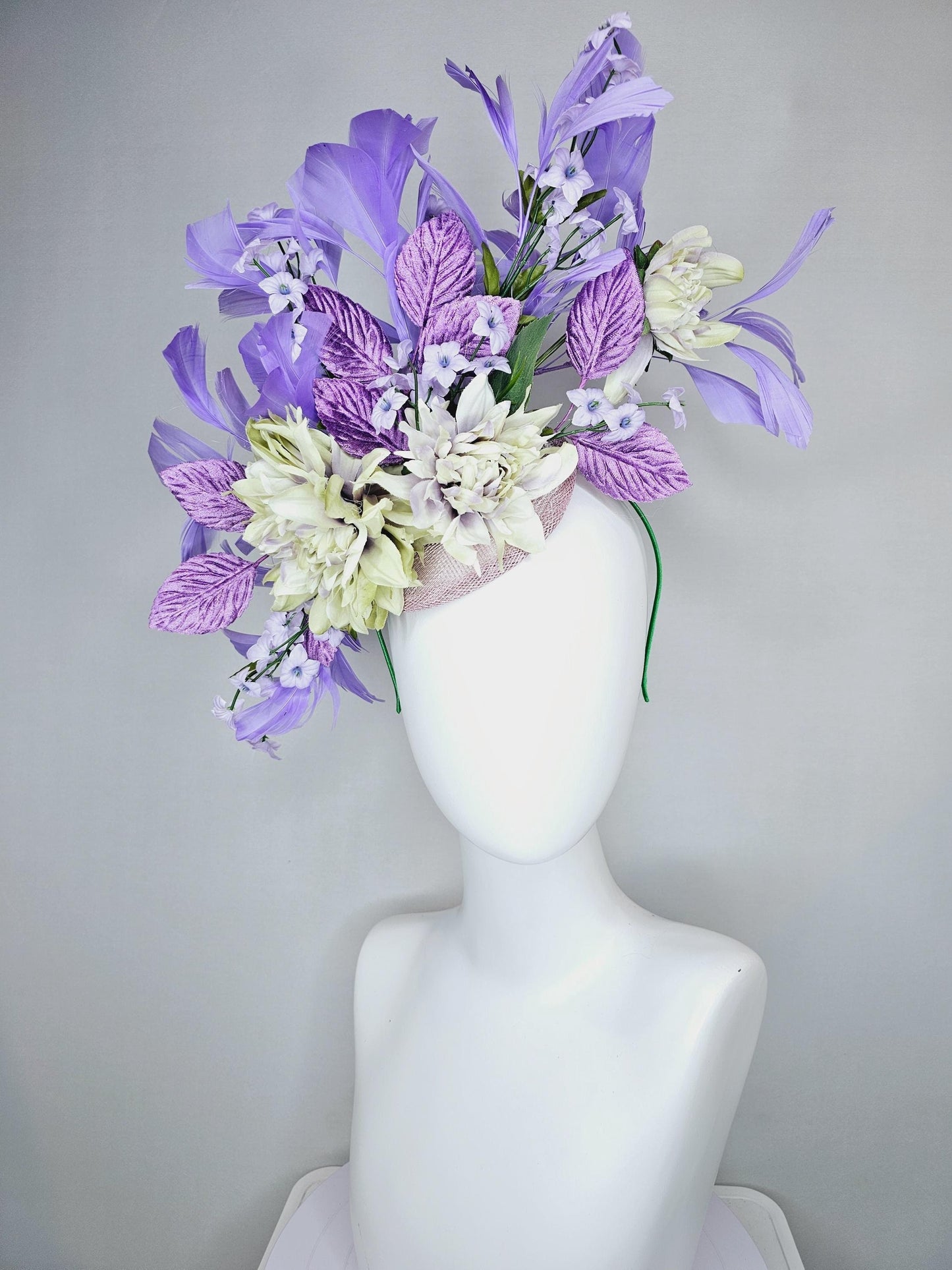 kentucky derby hat fascinator lavender sinamay,lavender neutral cream satin flowers,purple lavender green leaves,purple lavender feathers