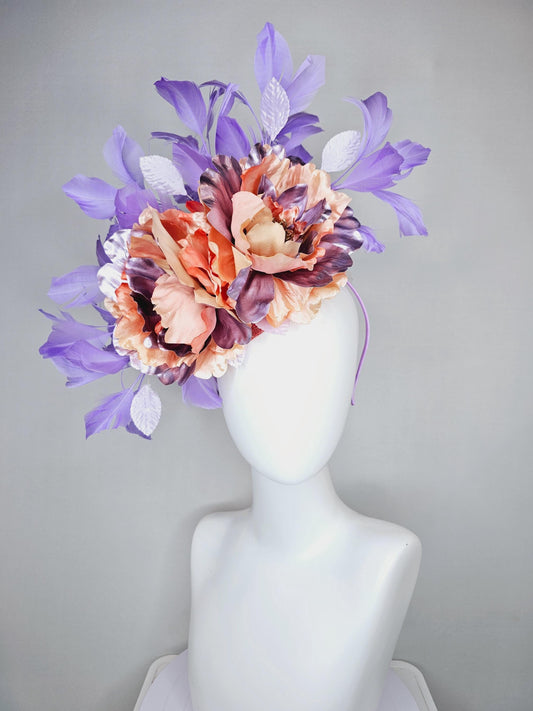 kentucky derby hat fascinator peach sinamay,coral peach orange purple lavender satin flowers,light lavender leaves,purple lavender feathers