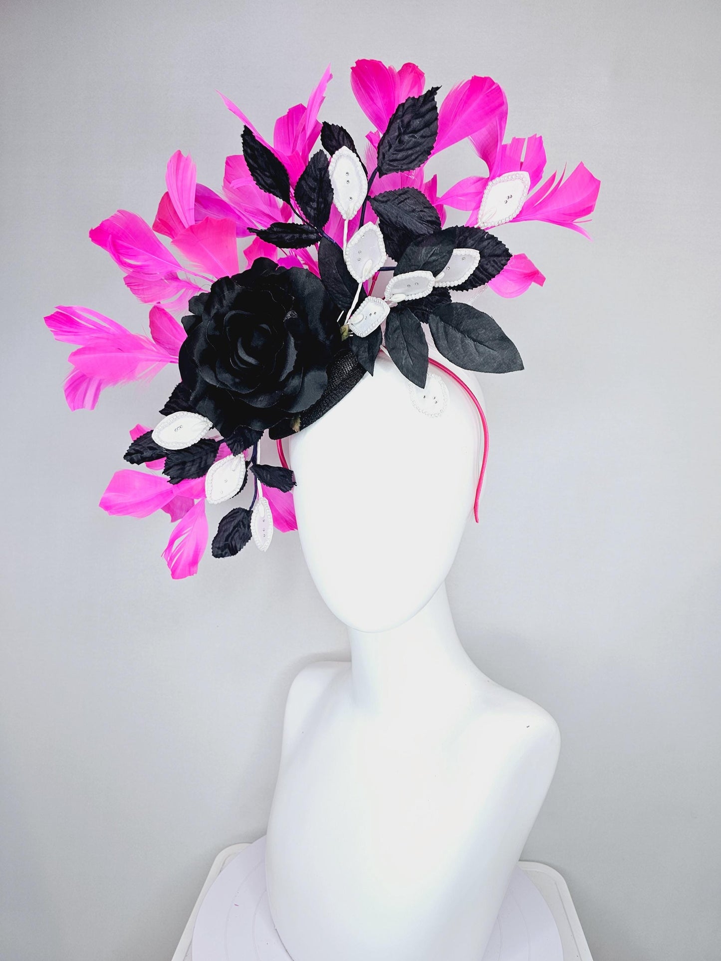 kentucky derby hat fascinator black sinamay,black satin rose flower, white leaves sequin pearl edges and black leaves, pink fuchsia feathers